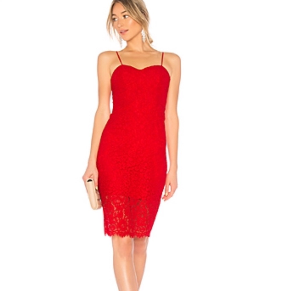 Revolve Bardot Lace, Red Midi Dress